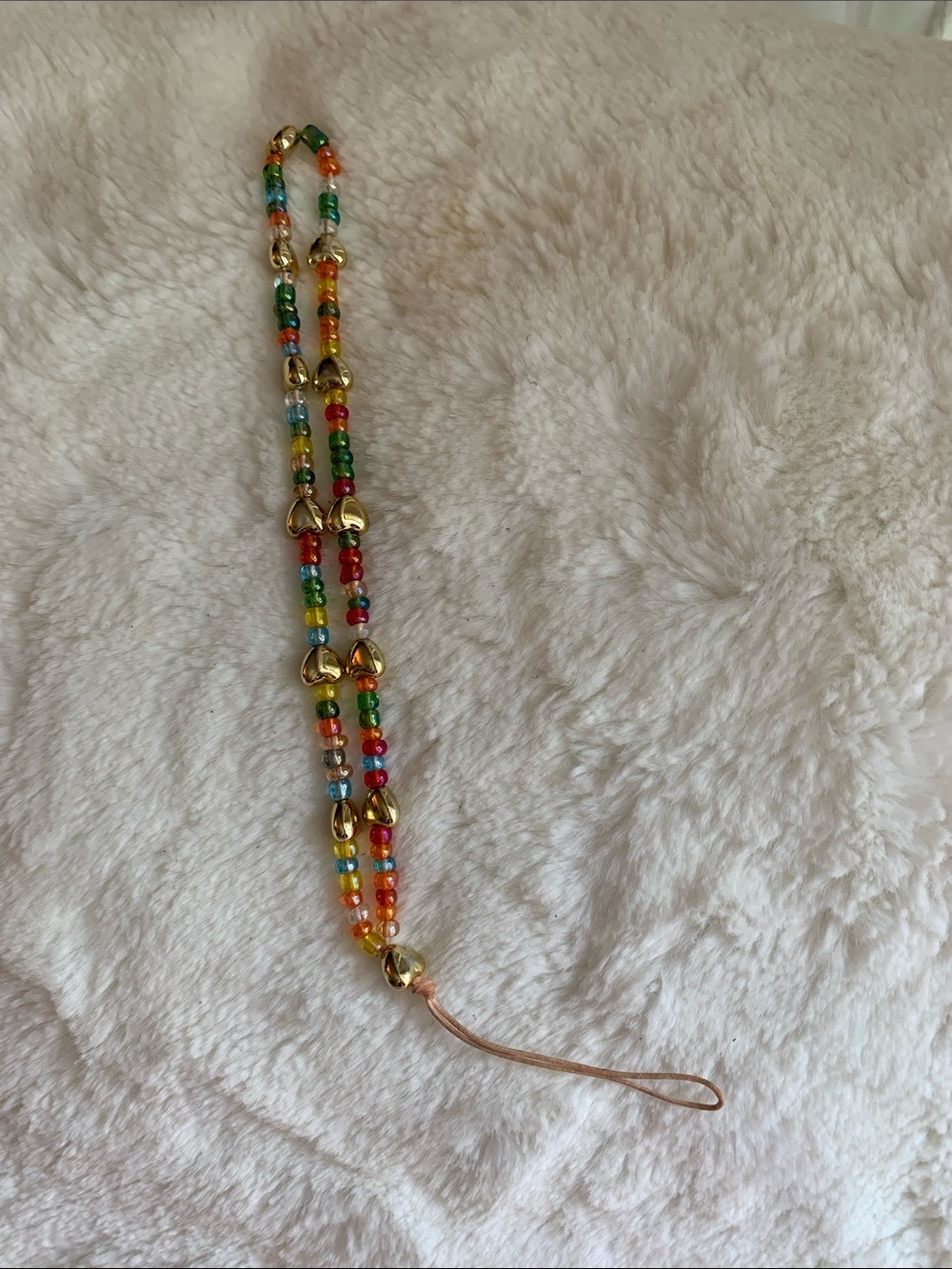 Colorful Beaded Phone Strap with Gold Heart Accents